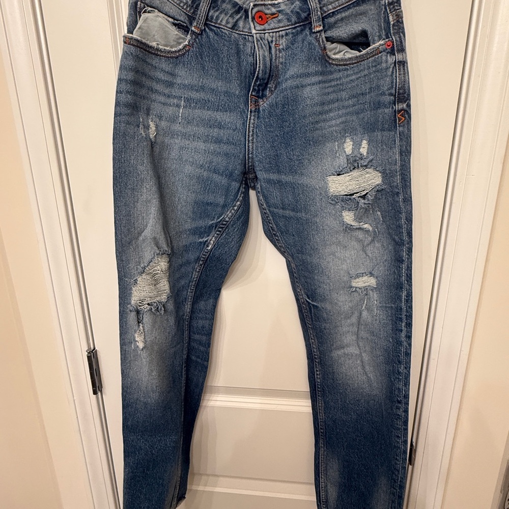 Zara Blue Boyfriend Distressed Jeans